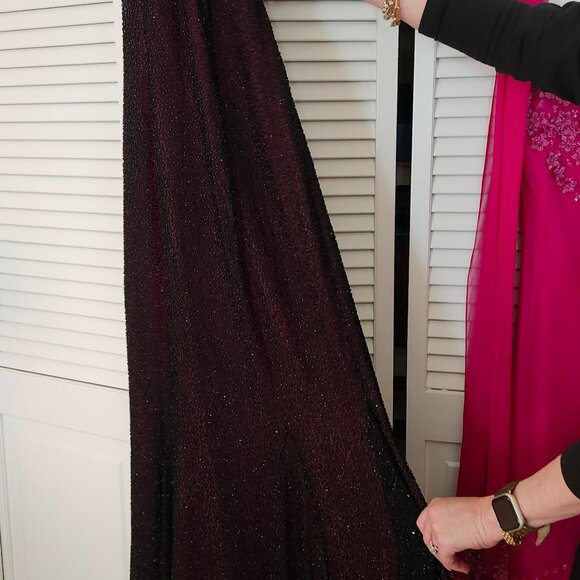 Saks Fifth Ave Beaded Halter Style Gown - Sheer Black W/ Fuchsia Lining - Picture 2 of 6